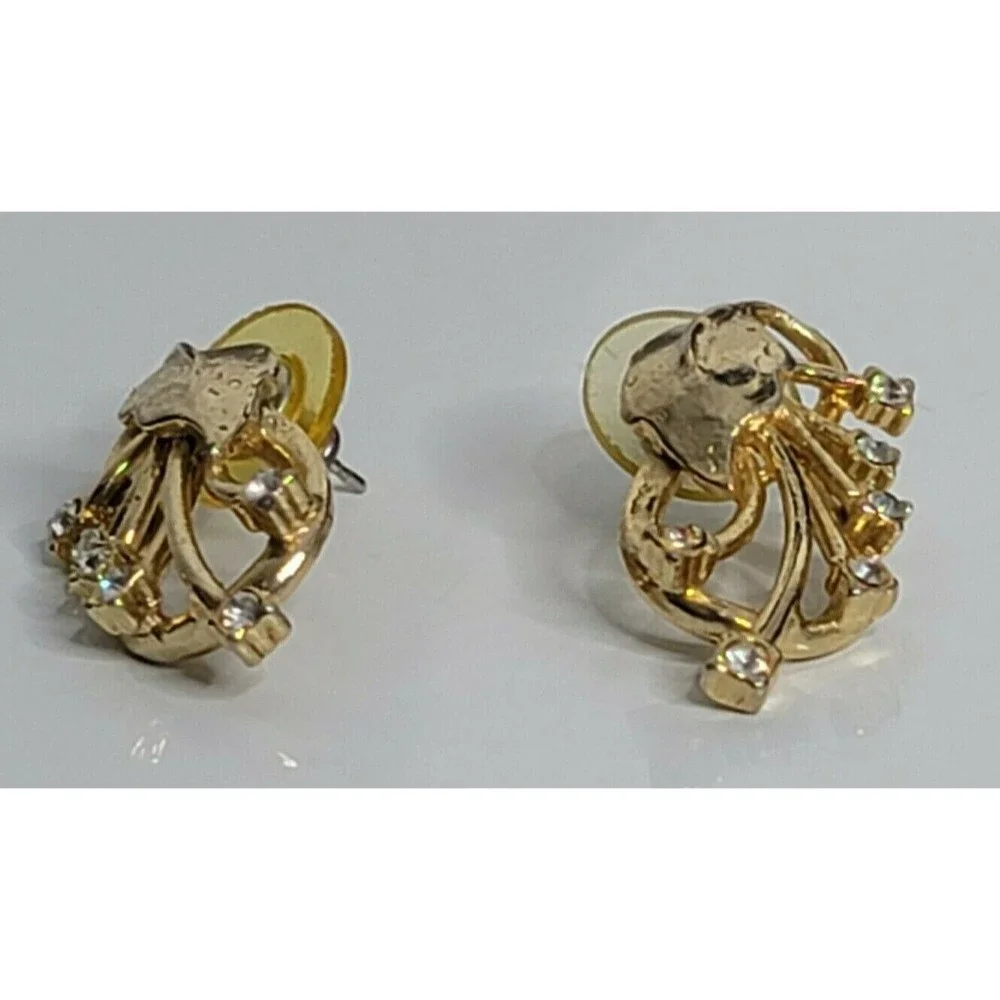 Vintage Leaf Design Clear Rhinestone Gold Tone Earrings - Picture 2 of 4